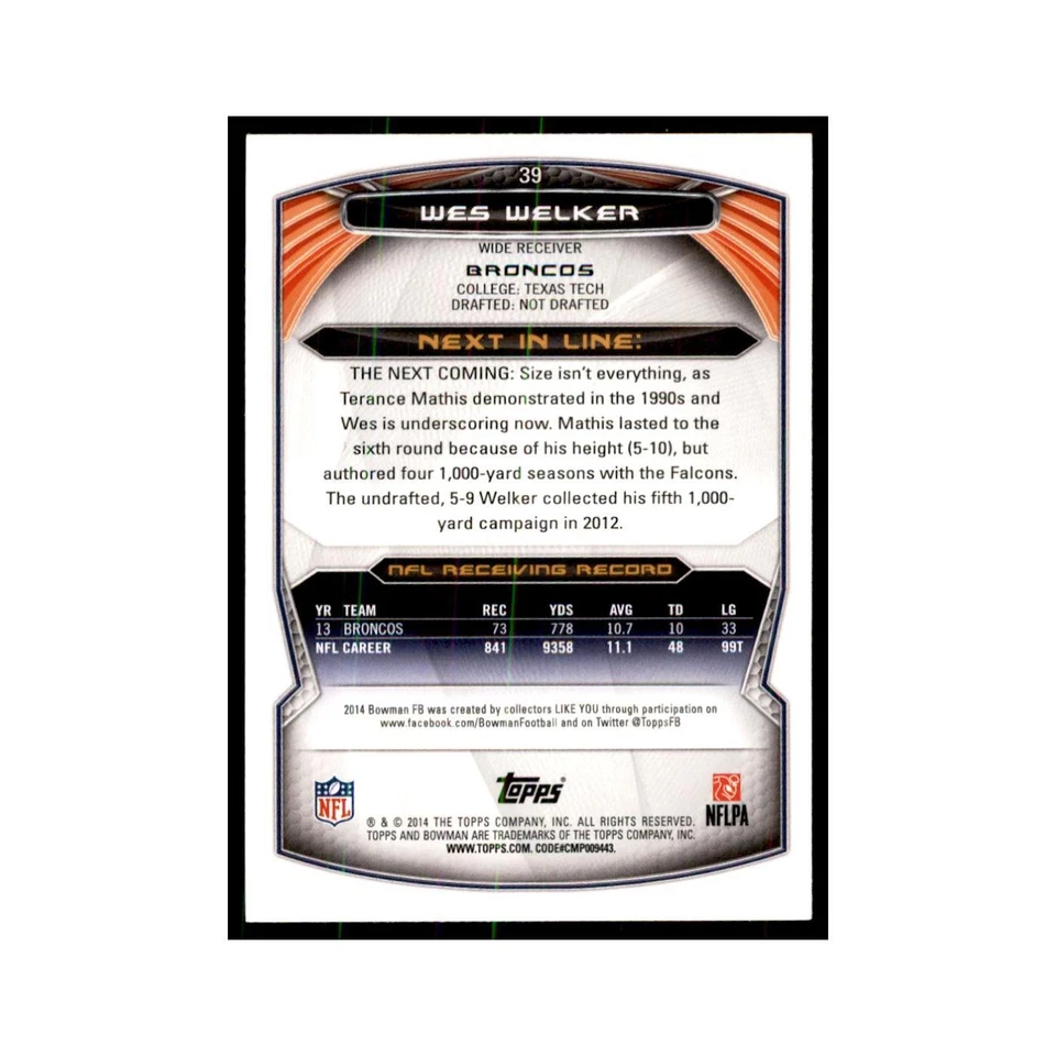2014 Bowman Wes Welker Football Cards #39 - Image 2 of 3