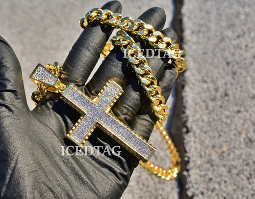 MENS HIP HOP ICED BLING-ED OUT JUMBO CROSS LAB DIAMOND PENDANT CHARM, 30" CHAIN - Picture 1 of 12
