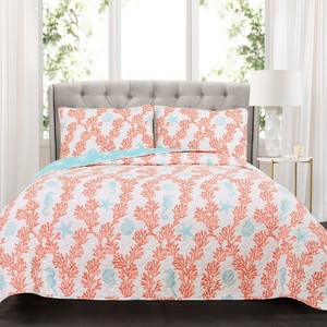 3p-DINA-CORAL-King-Quilt-Set-reversible-orange-blue-Beach-Ocean-Sea-Nautical