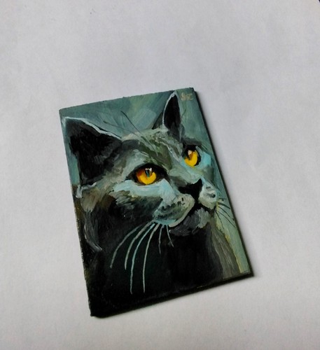 Peinture à l'huile originale ACEO félin CHAT GRIS animal signé art contemporain ATC - Photo 10 sur 12