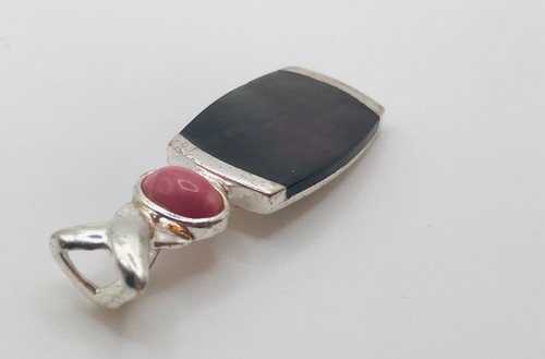 Vintage Sterling Pendant Abalone Shell Pink Stone Abstract Shape 925 Estate - Picture 3 of 4