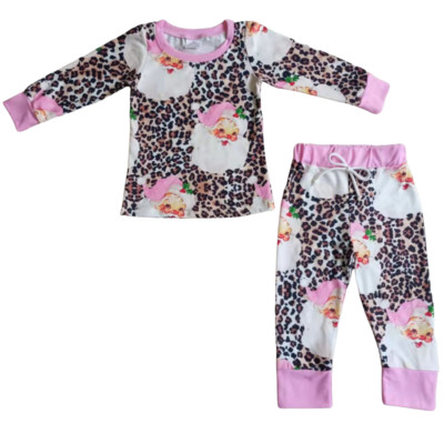 Girls Pink Long Sleeve Santa Leopard Pajama Set 2pcs Christmas Sleepwear 