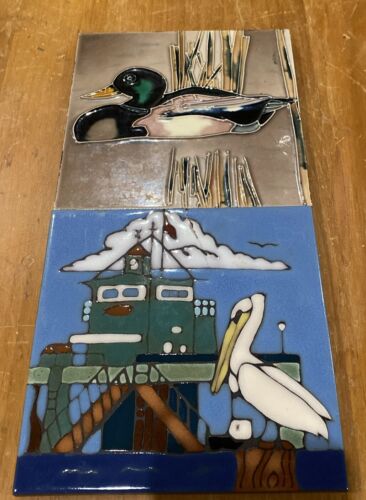 2 Triton Catalina Island Pier Pelikan Stockente hängende Fliesenuntersetzer 6 Zoll