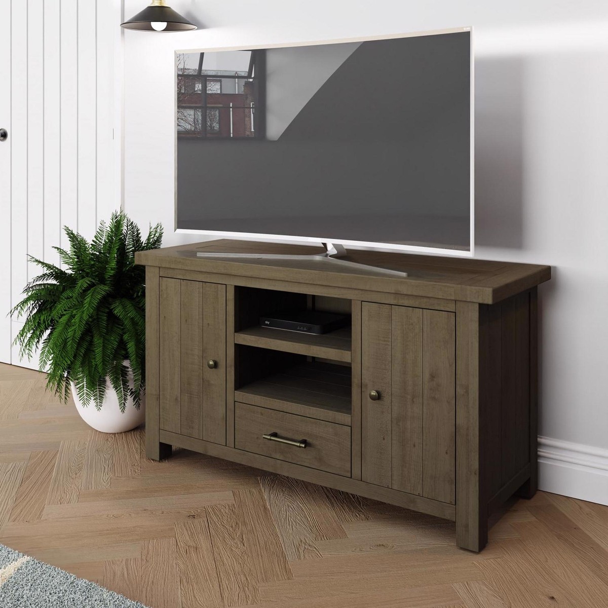 Tv stand with glass sale doors and drawers