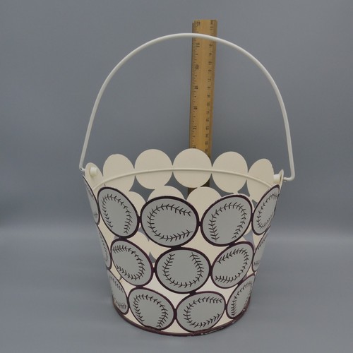 Vintage Baseball Basket Bucket Pail Swivel Handle Round Metal Cutout Dark Red 8" - Picture 15 of 17