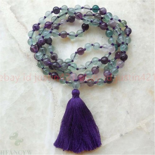 6/8/10mm Natural Rainbow Fluorite Round Gems 108 Prayer Beads Tassel Necklace - Picture 1 of 15