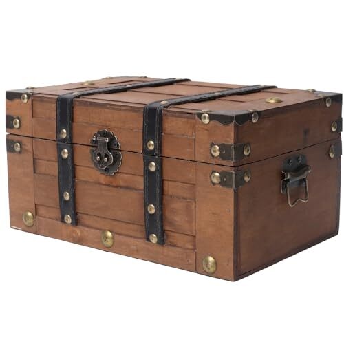 Vintage Wooden Treasure Chest - Decorative Storage Box with Hinged Lid,Brown - Picture 2 of 8