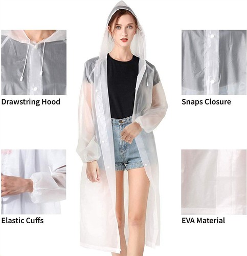 Waterproof EVA Rain Poncho - Transparent Hooded Coat Long Sleeves AU - Picture 4 of 10