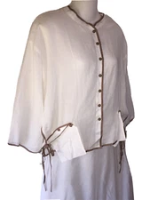 KLEEN White Linen Shirt Size Large Boxy Lagenlook Blouse Ribbon Pockets Top