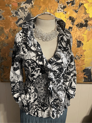 Alberto Makali Soft Black & White Graphic Jacket W/ Romantic Bird Print Cranes A