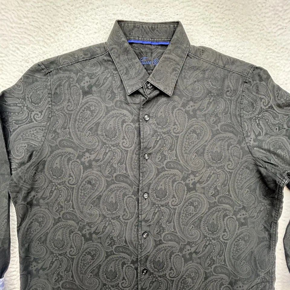 Camisa Tasso Elba Para Hombre Grande Paisley Abotonada Manga Larga Negro Gris Vestido Foto 2 de 4
