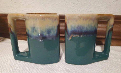 2 Rodolfo Padilla Multi Color Signed Stoneware Art Glass Drip Glaze Coffee Mugs