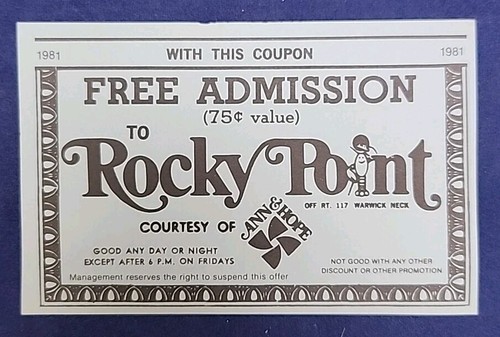 VINTAGE 1981 ROCKY POINT PARK FREE ADMISSION COUPON ANN & HOPE