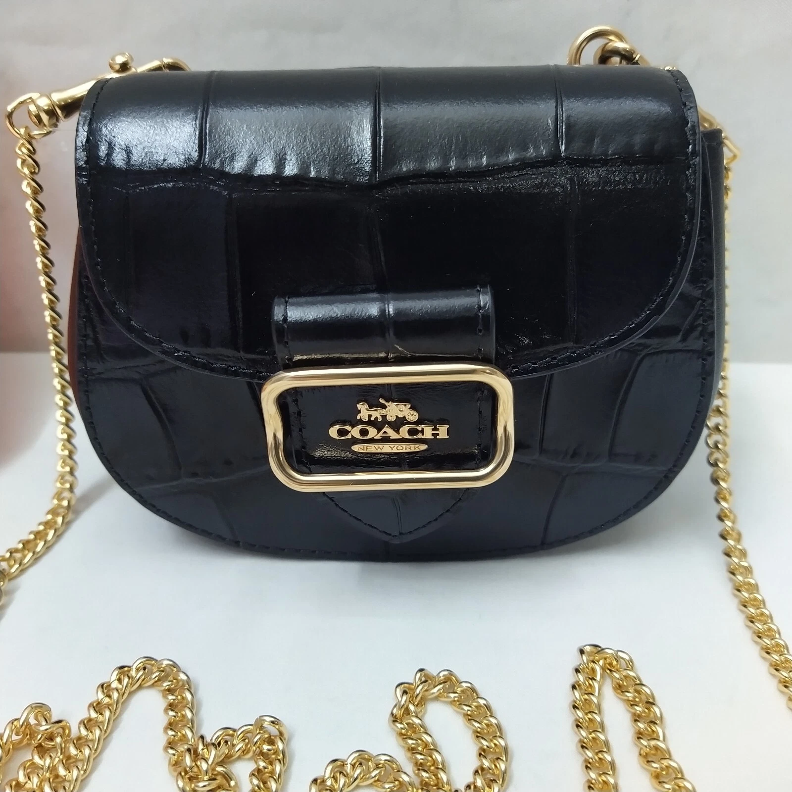 Custodia a tracolla Coach Morgan in pelle nera coccodrillo in rilievo Nuova con etichette $248