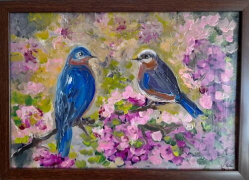 bright birds original oil painting, birds on blooming branch, birds wall art - Picture 2 of 20