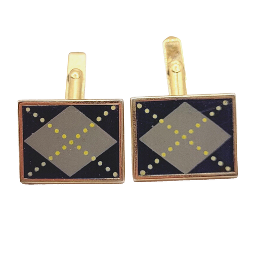 Argyle SWANK 70er Jahre blau und grau glänzend goldfarben rechteckige Manschettenknöpfe - Bild 1 von 12