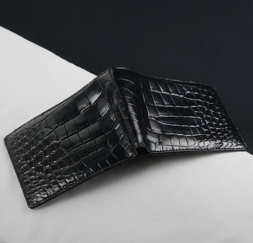 Cartera de Cuero Original Cocodrilo Avestruz Doble Plegable Negra/Roja Hecha a Mano Regalo para Hombre Foto 2 de 4