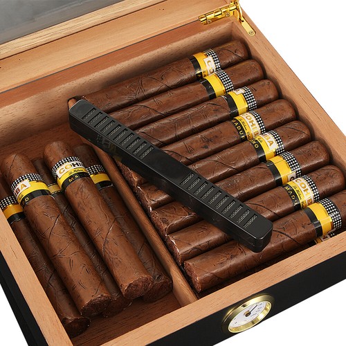 Black Cigars Humidor Storage Box Desktop Glasstop Humidifier Hygrometer Wood Box - Picture 11 of 12