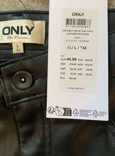 Only Emily Pantalones al Tobillo de Cuero Sintético Cintura Alta Rectos Negros Talla L NUEVO - Imagen 10 de 12