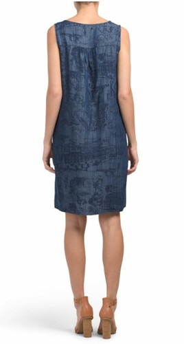 LG ITALIAN Denim Blue Printed Sequined Neck Shift Dress POCKET Comfort NWT - Imagen 7 de 8