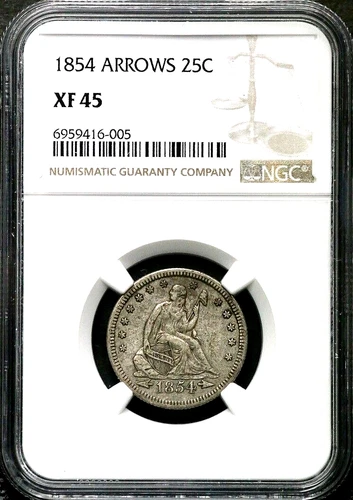 1854 25C Arrows Seated Liberty Silver Quarter - NGC XF 45 - Philadelphia  CC225