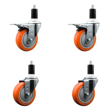4 Inch SS Orange Poly Swivel 1-3/8 Inch Expanding Stem Caster Set 2 Brakes