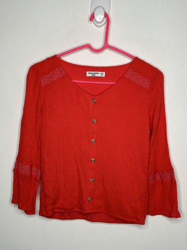 Abercrombie Kids Top Girls Size 13-14 Red Orange Button Up Long Sleeve Lace