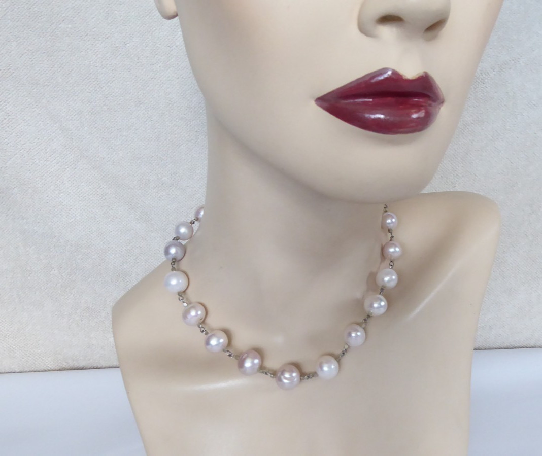 Sterling Clasp & 12mm Baroque Pearl Choker Necklace 16.5