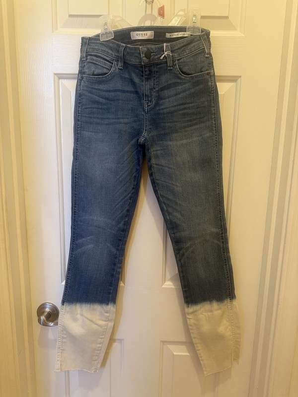 GUESS Women’s Mid Rise Skinny Jeans Blue/White Dip-Dye Bleached Hem Size 26