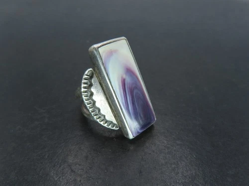 Vtg Sterling Silver & Purple Shell Ring, Signed RR.MF, Size 6.25, 13.7g