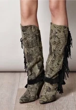 Isabel Marant Snake Fringe  Black Leather Tassel Canvas Slouchy Boots  FR38 Used
