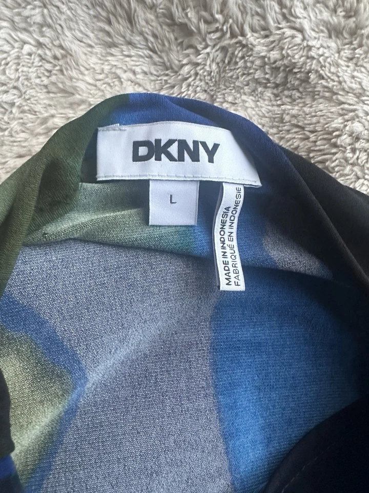 DKNY Abstract Floral Print Ruched Top Women’s Large Blue Green Black Stretch - Image 3 of 4