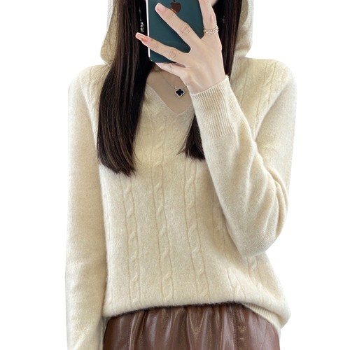 Suéter de punto con capucha de lana pura para mujer suéter de manga larga retorcido  - Imagen 5 de 23