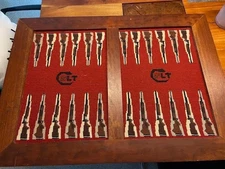 Vtg Needlepoint Backgammon Board Cowboy Western Colt Firearms 32 1/2 x  23 1/2"