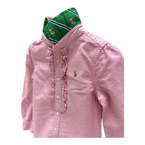 Ralph Lauren Oxford Shirt Girls 6 Pink Pony Long Ruffle Sleeve Button Down - Picture 2 of 5
