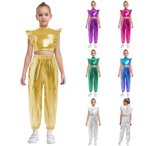 Kids Girls Set Crop Top Outfit Ruffle Dancewear Metallic Sleeveless Jazz Dance - Bild 5 von 37