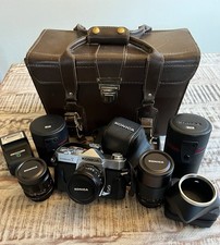 Vtg Konica Autoreflex T Camera Set-3 Hexanon Lenses,flash, 3 Camera Cases MINT