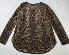 Karen Kane Leopard Print Shirt Womens Large Brown Tunic Shimmer Velvet Made USA