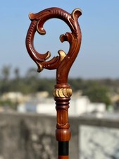 Wooden Walking Cane with Circular Openwork Handle Gold Accents Decorative
