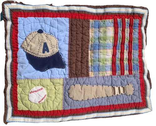 Cuscino standard Pottery Barn Sham bambini baseball trapuntato rosso blu Chambray marrone - Foto 3 di 14