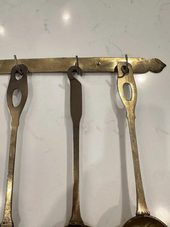 Set of 4 Vintage Brass Cooking Utensils w/ Wall Hanger Spoon Fork Ladle etc - Image 4 of 4