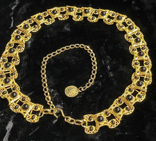 Beautiful French Faux Gold Black Onyx Embellished Chain Chunky Waist Belt 80s