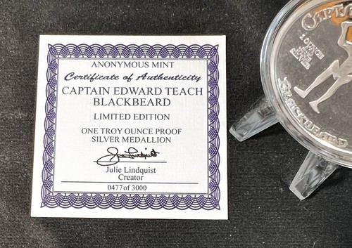 Capitán Edward Teach Barbanegra Prueba .999 1 oz Plata Ronda Anónima Como Nueva + Certificado de Autenticidad - Imagen 2 de 10