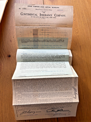 #ad 1915 NANTUCKET 28 NORTH WATER ST INSURANCE POLICY MABEL HALL $1000HOUSE CONTENT $59.99