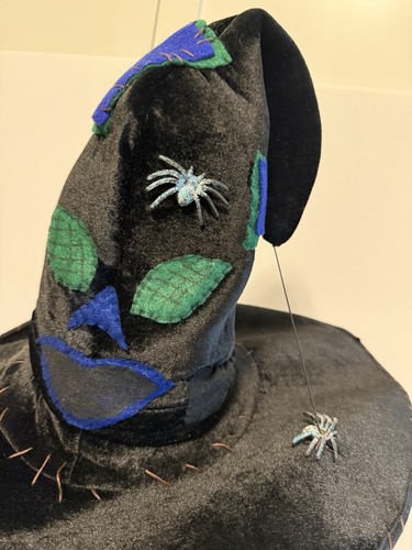 Adult Witch Hat With Hanging Spider Fancy Floral Buckle Wide Brim High Cone - Picture 3 of 4