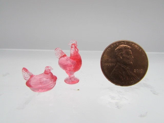 Dollhouse Miniature Chrysnbon Vintage Glass Rooster Hen Dish Set Pink CB152P