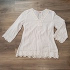 Womens Bohemian Sz Large Eyelet Lace Tunic Embroidered Rhinestone White Top