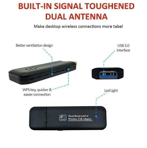 USB 3.0 AC1200 802.11ac WiFi Wireless Adapter Network Receiver Adapter - Zdjęcie 7 z 7