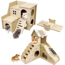 Wood Hamster House Dwarf Natural Hideout Ladder Gerbils Climbing Seesaw Toys