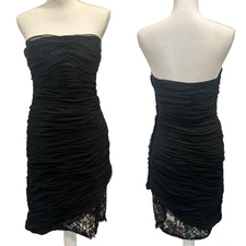 Victor Costa Vintage 1980s Black Ruched Strapless Lace Hem Gothic Cocktail Dress